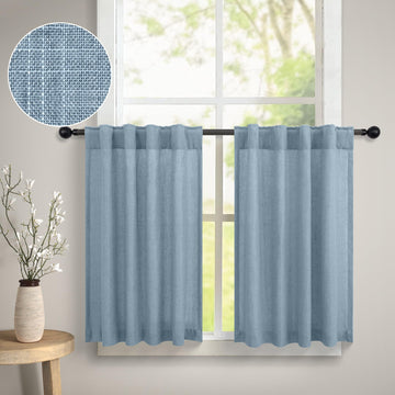 Light Blue Kitchen Curtain 24 Inch Length for Small Window 2 Panel Back Tab Pocket Cotton Textured Sheer Linen Short