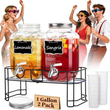 Gallon for Parties, 2 Pack Leakproof Beverage Dispenser with Stand & 18/10 Stainless Steel Spigot & Filter - Set of 2