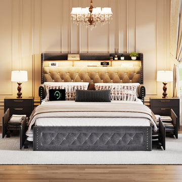 Queen Size Bed Frame with 4 Storage Drawers, Velvet Upholstered Queen Platform Bed with Charging Station and Bookcase