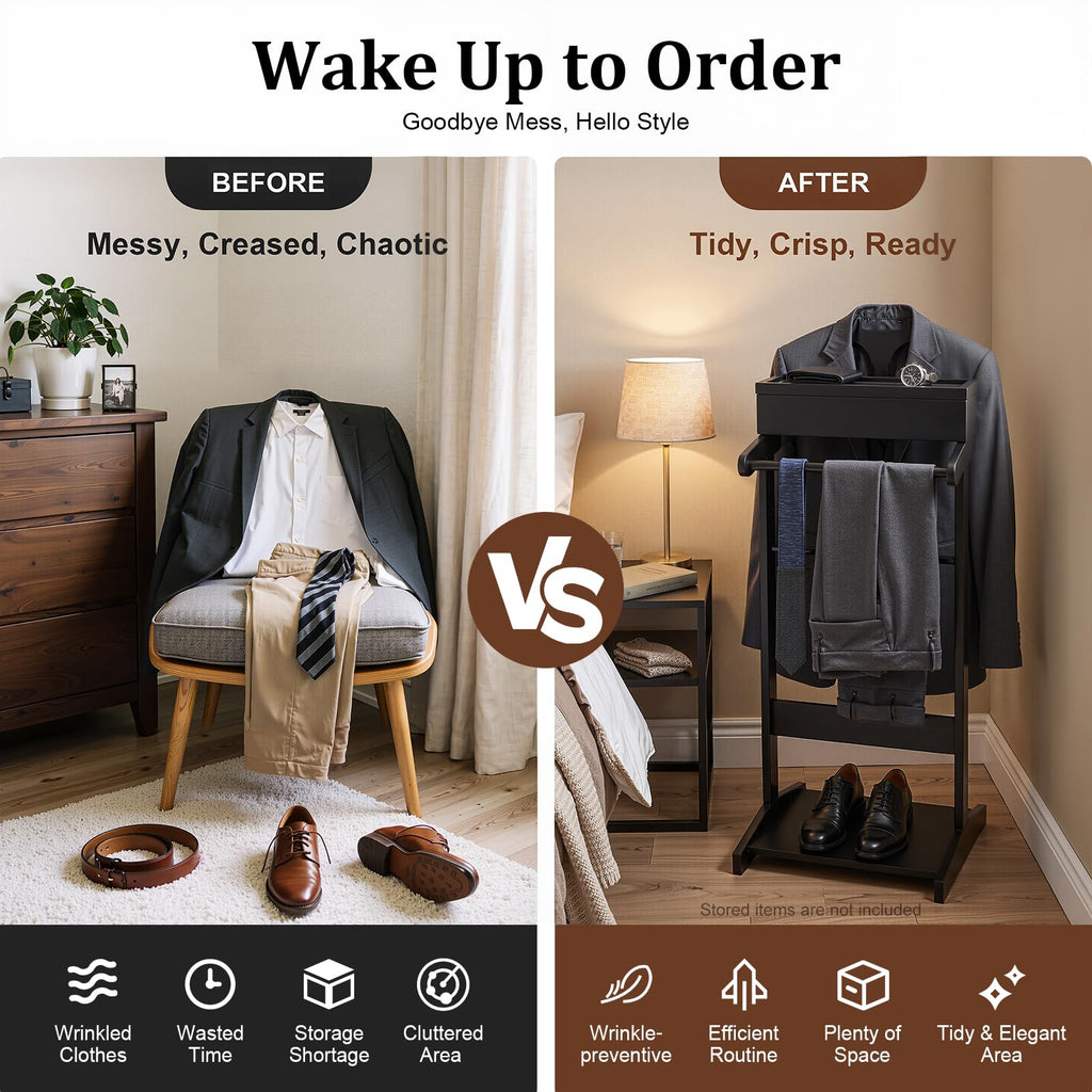 Suit Valet Stand for Men, Black Wooden Clothing Valet Stand with Hanger and Tray Bedroom Organizer for Coats Suits