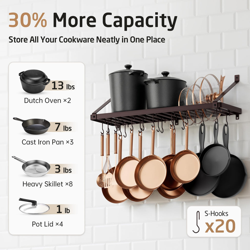 75lb High-Capacity Oil Bronze Pot Rack Wall Mounted with Pot Lid Holder