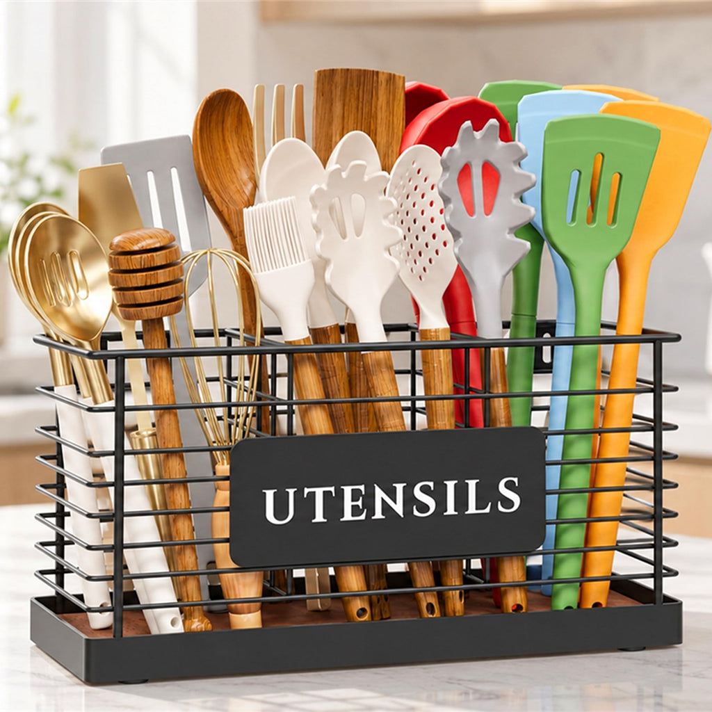 Utensil Holder Counter Large Black Metal Cooking Utensil Organizer 3 Compartments for Countertop Kitchen Tool Spatula