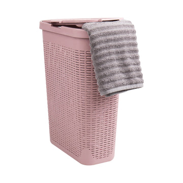 Slim Laundry Hamper with Lid, 40L Clothes Basket, Narrow Tapered Design with Ventilated Cutout Pattern, Plastic, Pink