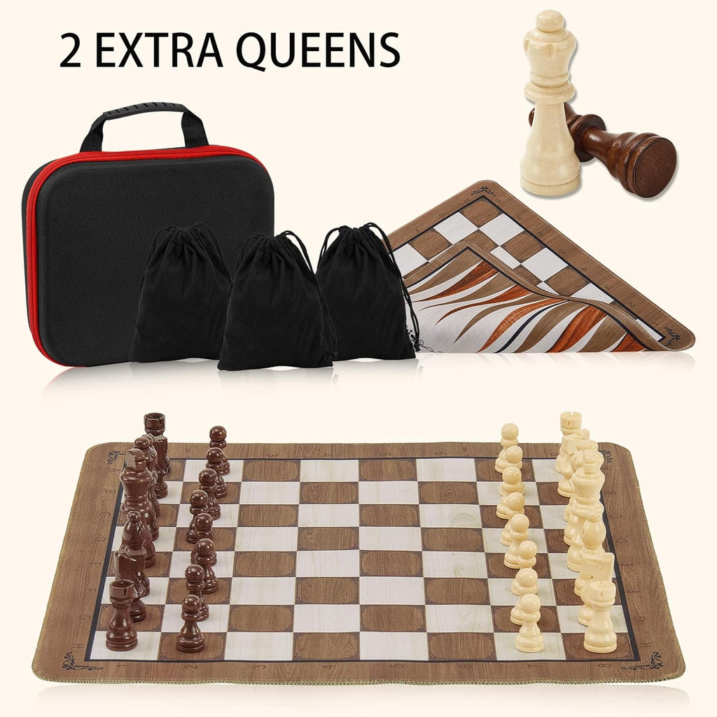 15" 3-in-1 Foldable Travel Chess Set Roll-Up Board with Checkers Backgammon