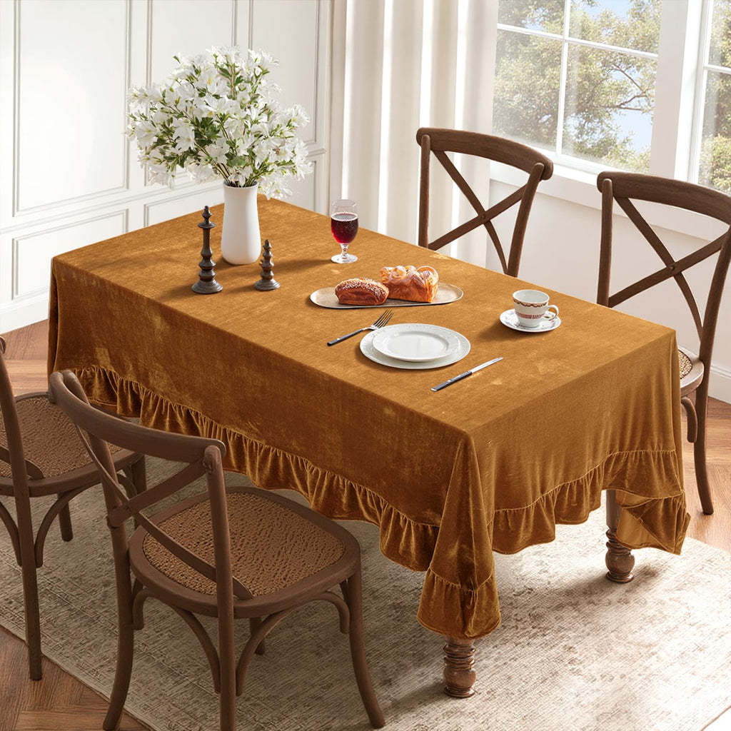 Velvet Tablecloth with Decorative Ruffle 60x102 Inch Gold