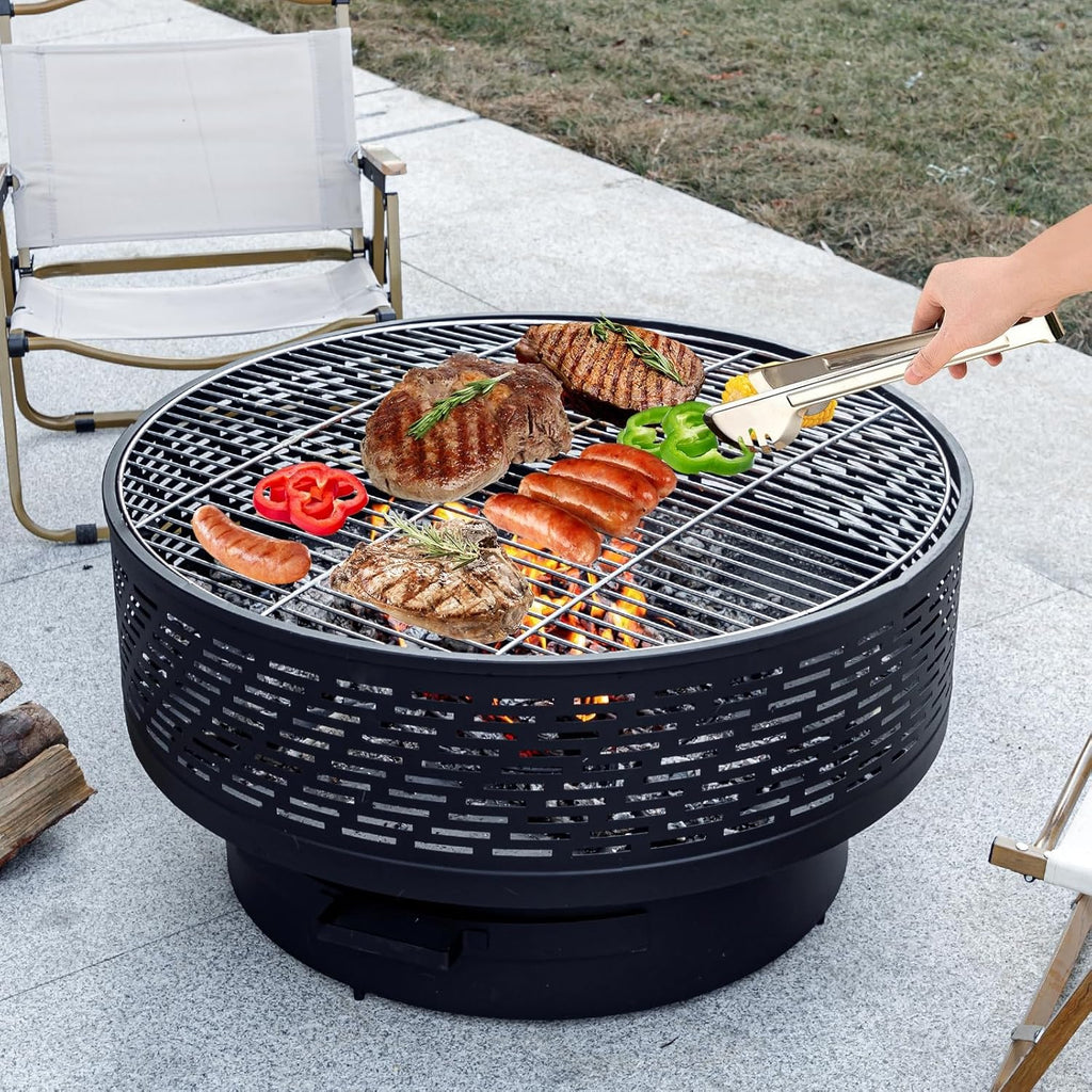 32" Wood Burning Fire Pits with Grill & Lid, Fire Pit Table for Outside with Waterproof Cover & Fire Poker