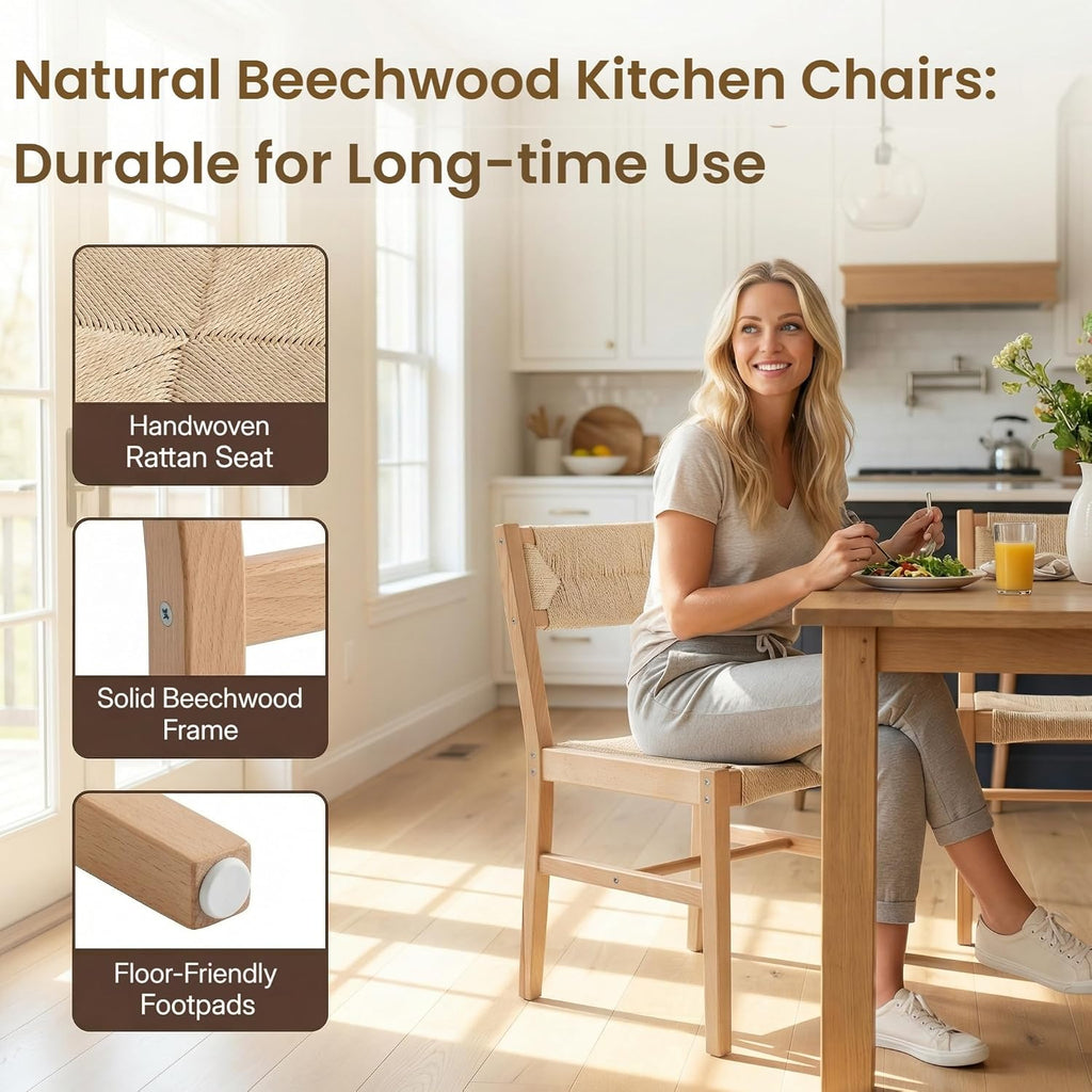 Mid Century Modern Rattan Dining Chairs Set of 6, Natural Beechwood Kitchen Chairs Farmhouse Woven Dining Room Chairs