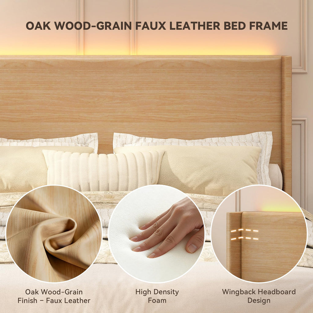King LED Bed Frame, Faux Leather Natural Oak Grain Printed Finish