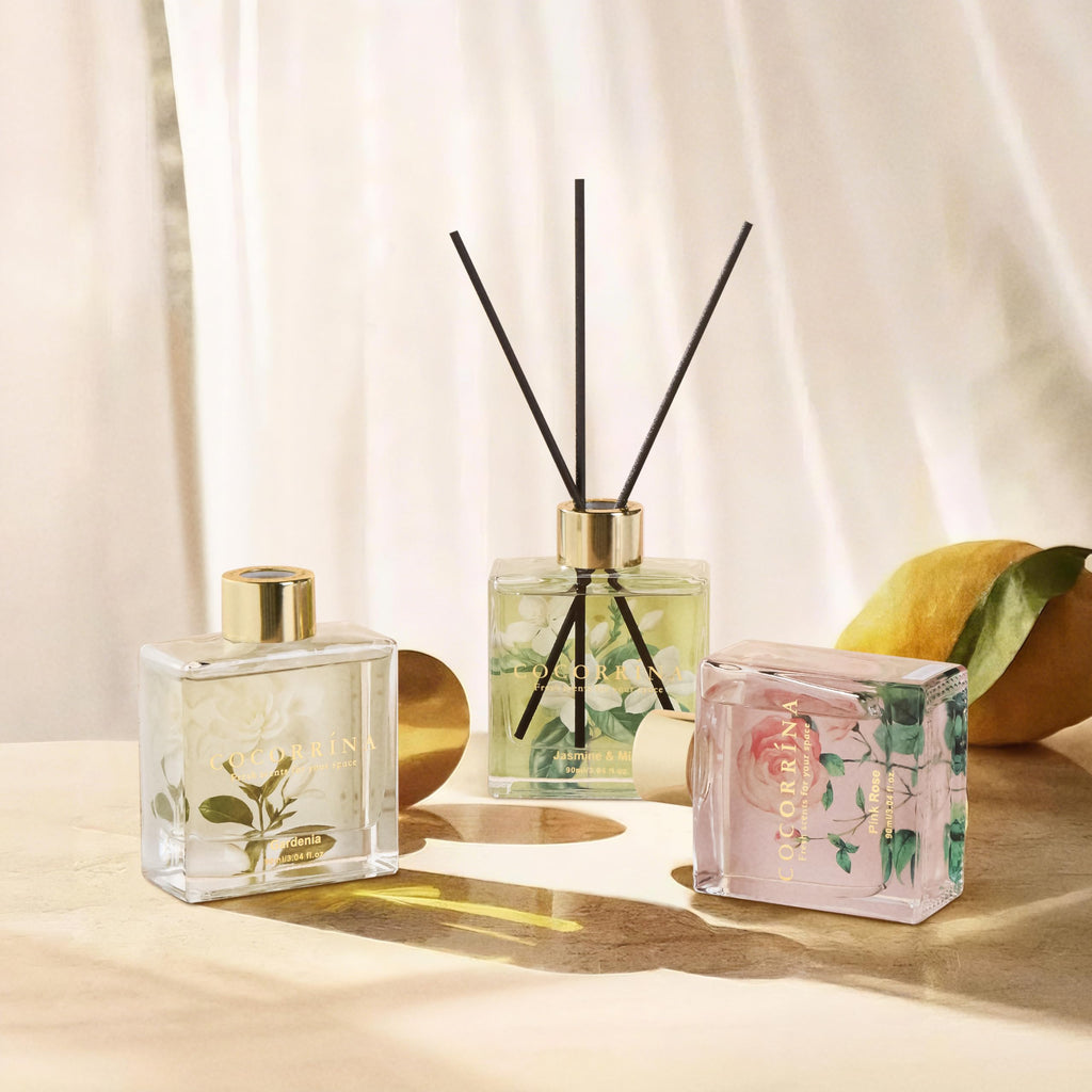 Reed Diffuser Set of 3-3 Pack/ 3.04 Fl.oz Diffuser with 24 Sticks Pink Rose/Gardenia/Jasmine & Mint, Reed Diffuser