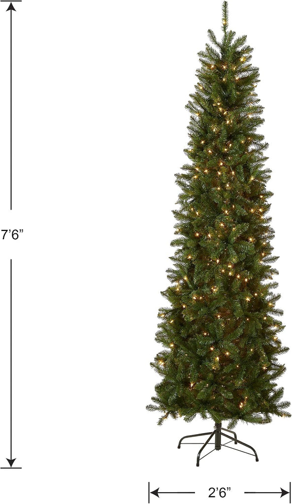 Tree Company 7.5ft Pre-Lit Kingswood Fir Slim Christmas Tree | 350 Clear Lights, 1,075 Tips, Includes Stand