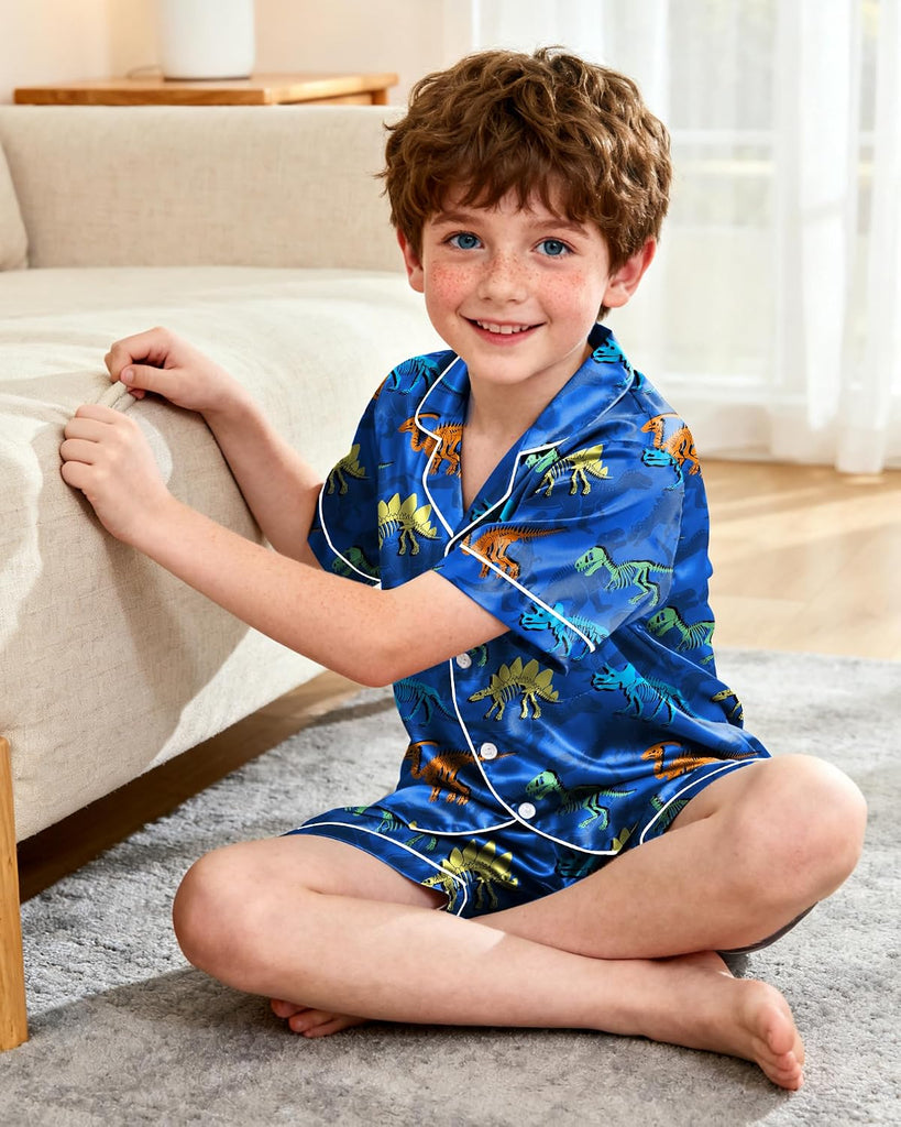 Boys Pajamas Toddler Little Boys Silky Satin Pajamas Button Down Short Sleeve & Shorts Pjs Set Kids Sleepwear