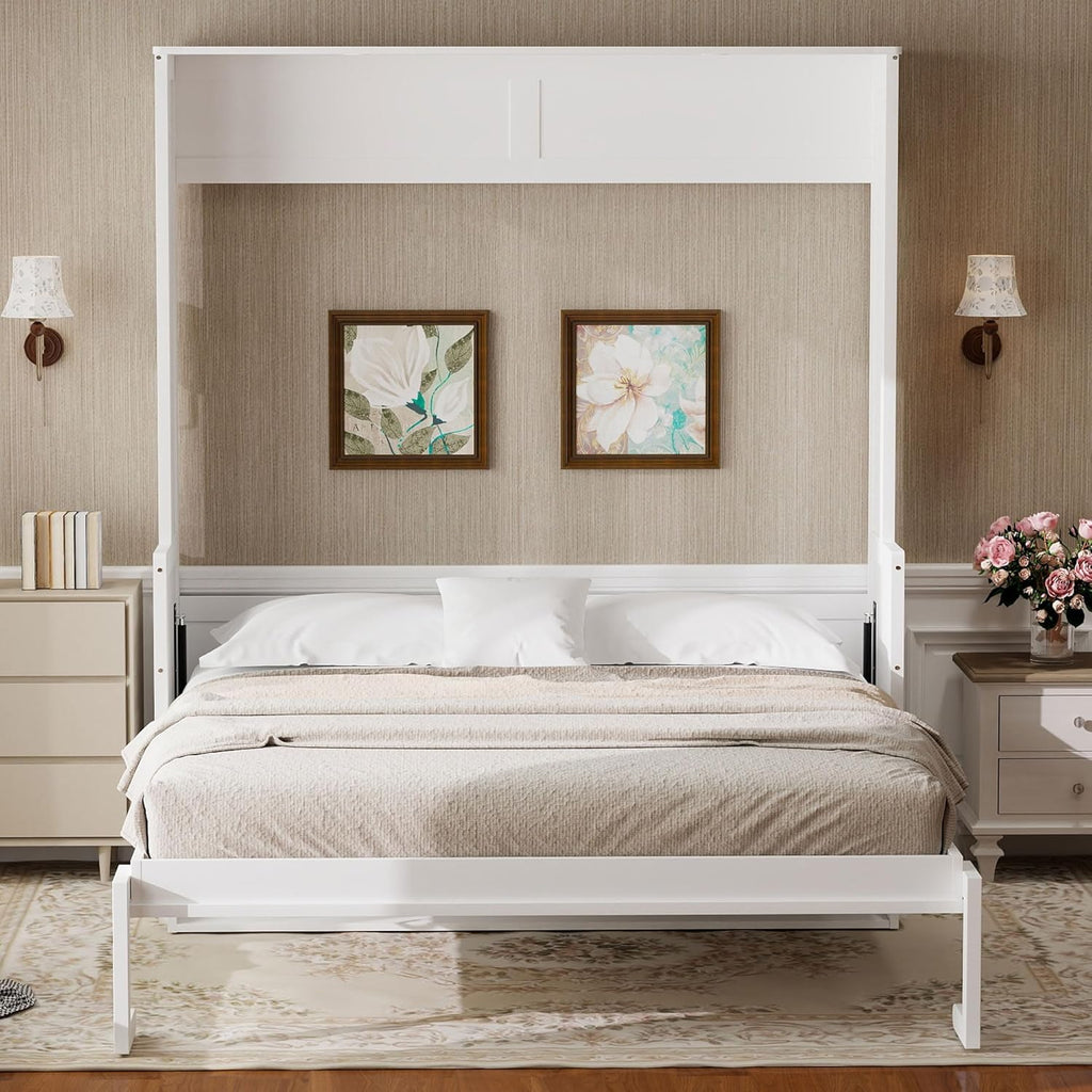 Queen Murphy Bed with Desk, LED Lights & USB Charging Station,Solid Wood Vertical Murphy Wall Bed Cabinet with
