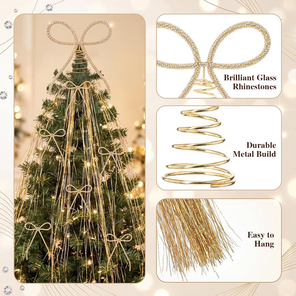10'' Christmas Rhinestone Bow Tree Topper Ornaments Set, Gold