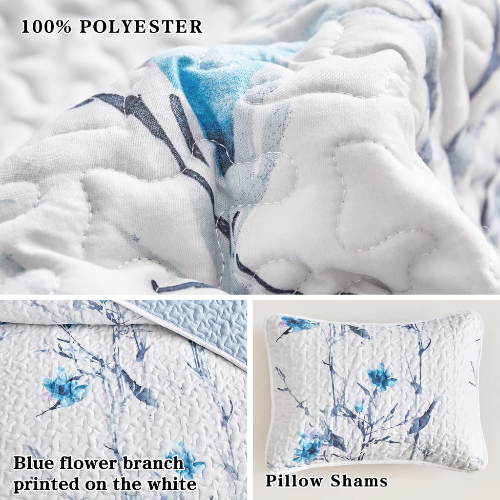 Botanical Quilt Set 3 Pieces, Blue Flower Branch on White Reversible Bedspread Coverlet Set, Soft