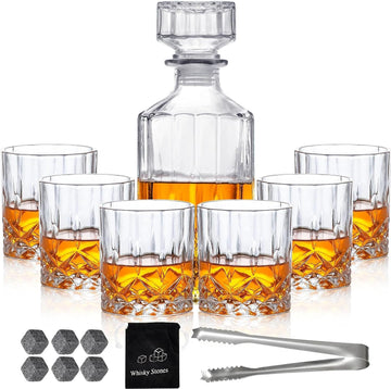Whiskey Decanter Set for Men, Whiskey Glasses and Decanter with Cooling Stones Clear Glass Whisky Liquor Decanter Set - Set of 7