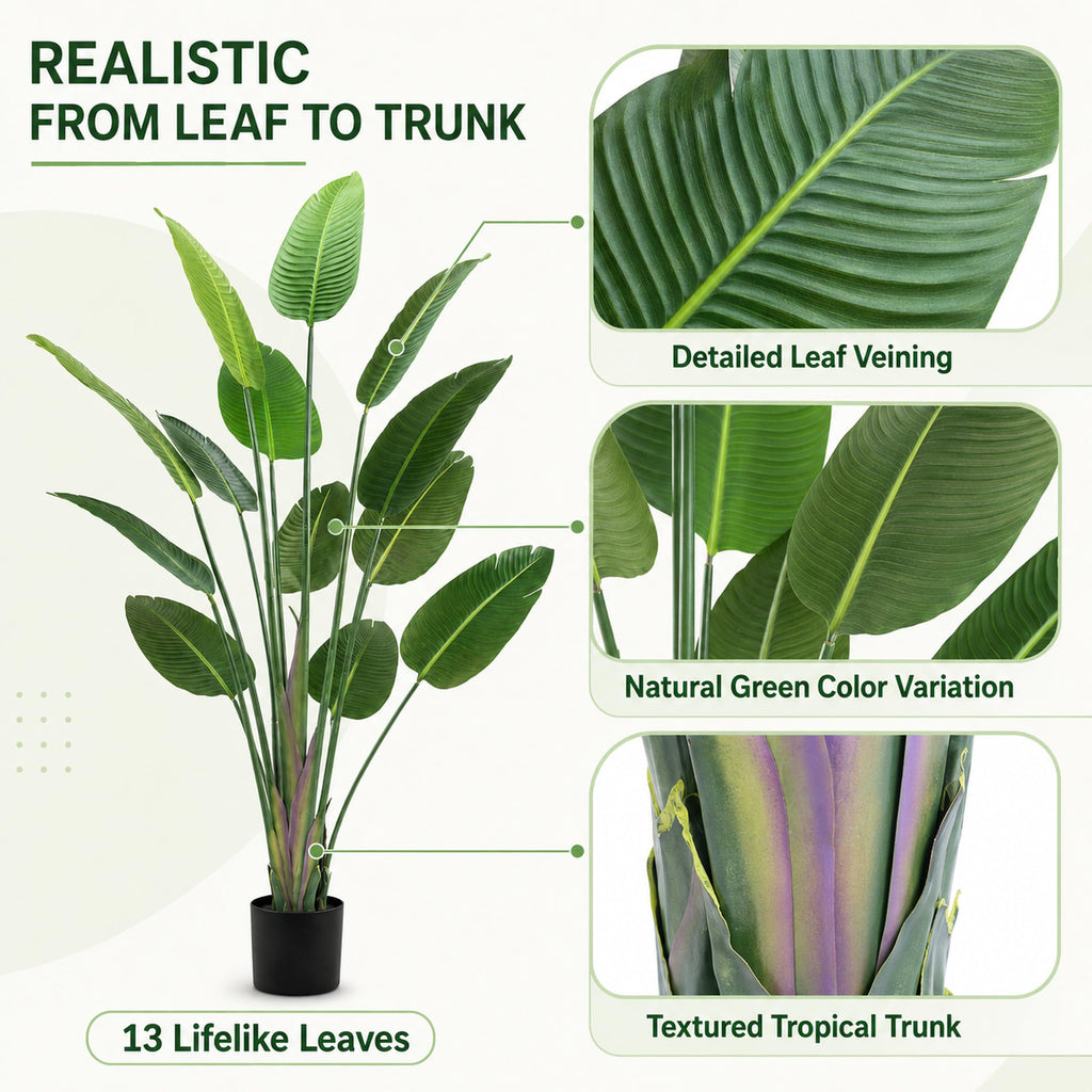 6 ft Artificial Bird of Paradise Plant, 13-Leaf Faux Tree in Pot