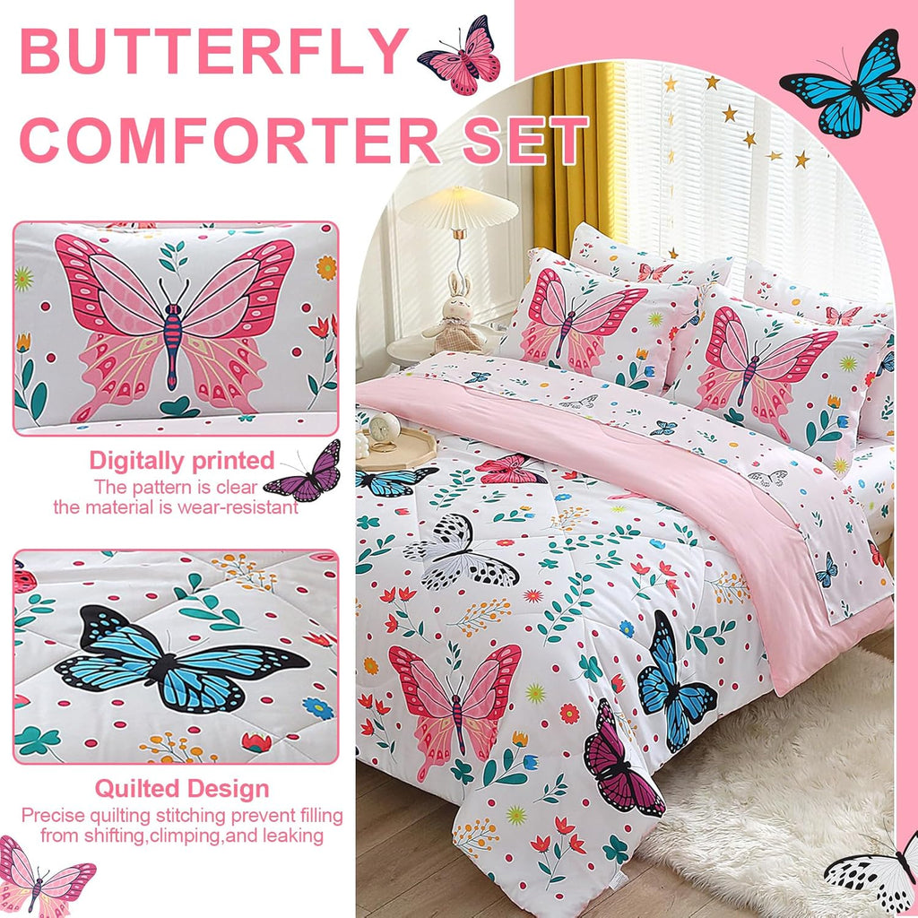 Girls Butterfly Comforter Set Full 7 Piece Bed in A Bag Colorful Flowers Leaves Bedding Set for Kids Teens Super Soft