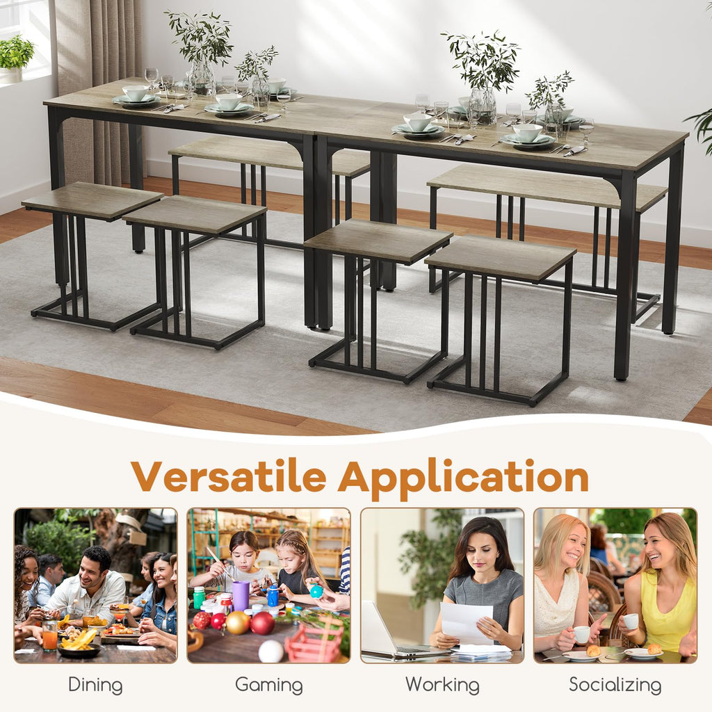 4-Piece Dining Table Set for 4, Rectangular Wood Dining Table with Bench & 2 Stools, Industrial Kitchen Table Set