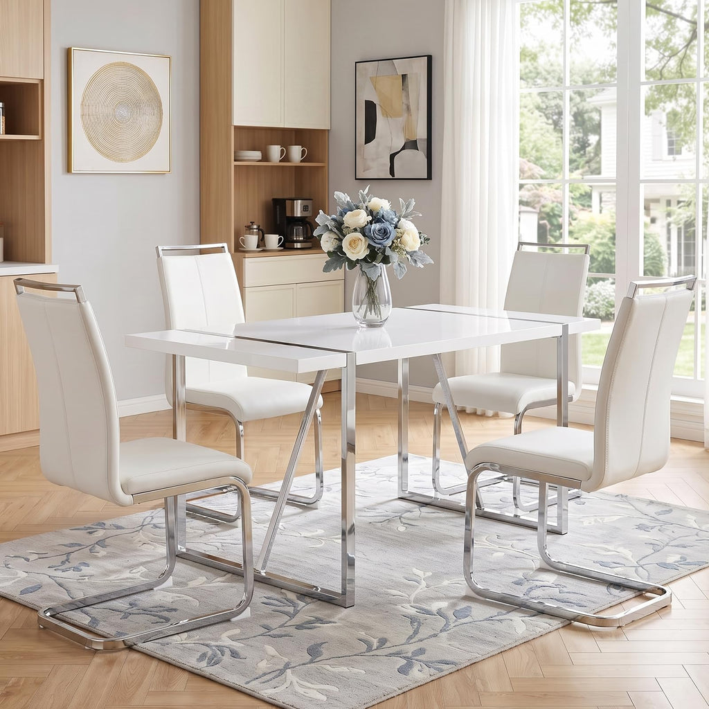 White Dining Table Set for 4, Modern Dining Room Table Set for 4
