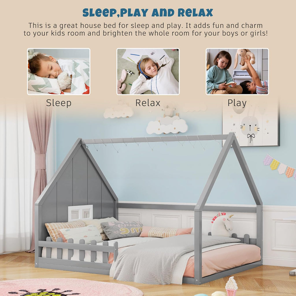 House Bed for Kids, Wood Montessori Floor Bed with LED Light Toddler Floorbed with Fence and Window