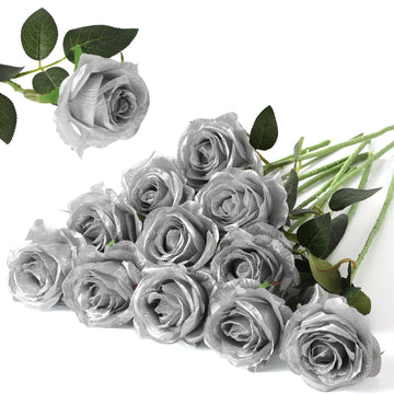 12PCS Artificial Silk Flowers Realistic Roses Bouquet Long Stem Wedding Decoration Party (Silver, 12Pcs Flowers)