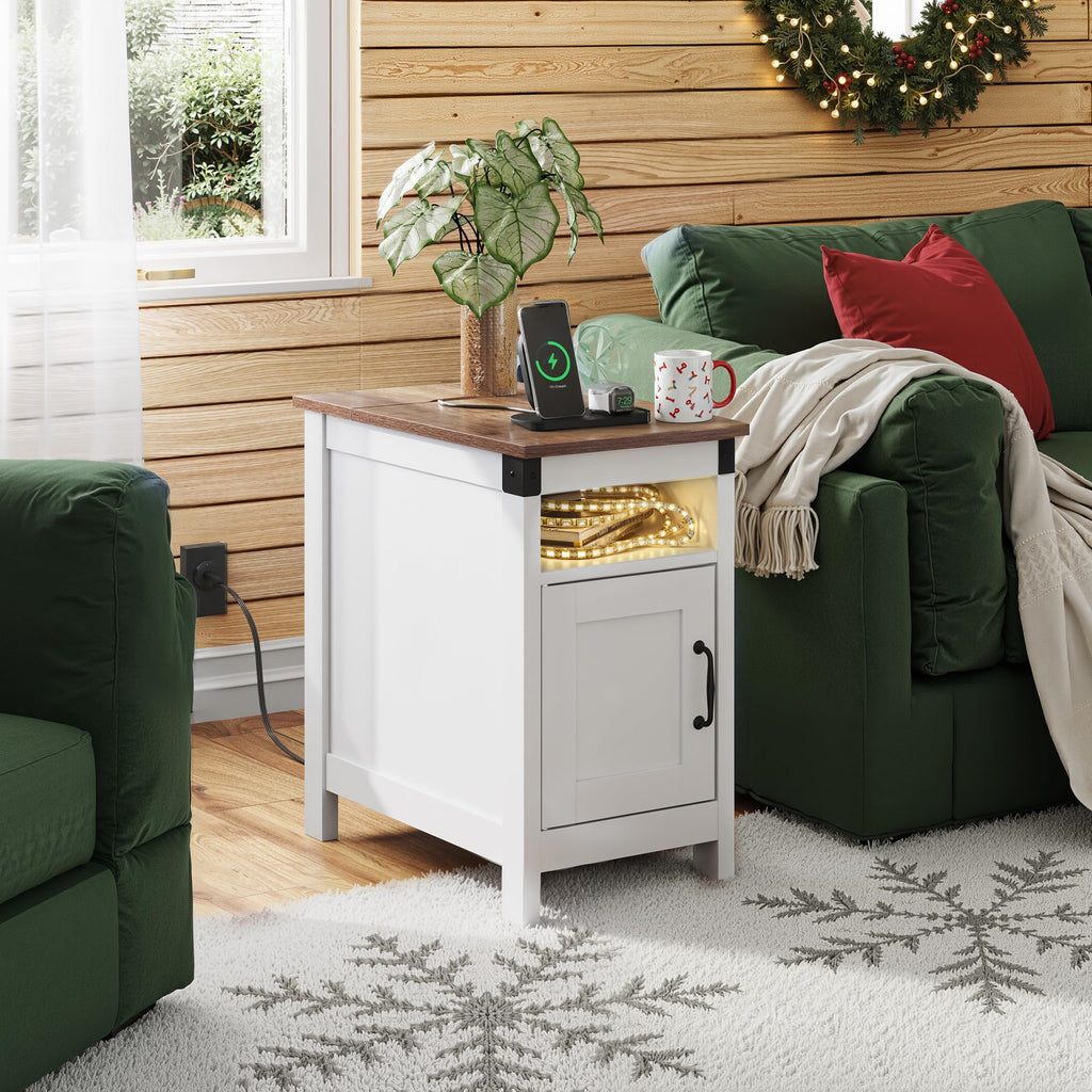 End Table with Charging Station, Narrow Side Table, Farmhouse Night Stand with Storage, Small Wooden Cabinet with