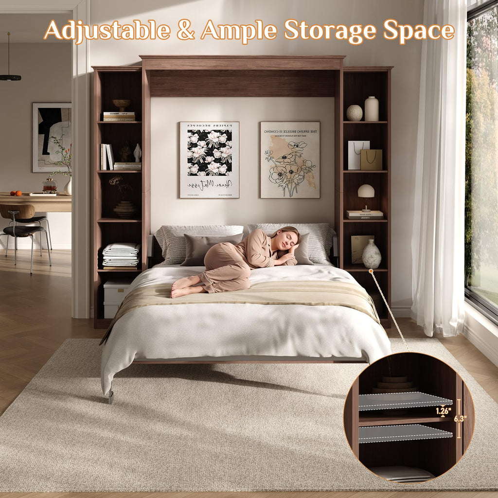 Murphy Bed Full Cabinet with 5-Tier Shelves, Wood Wall Bed, Walnut