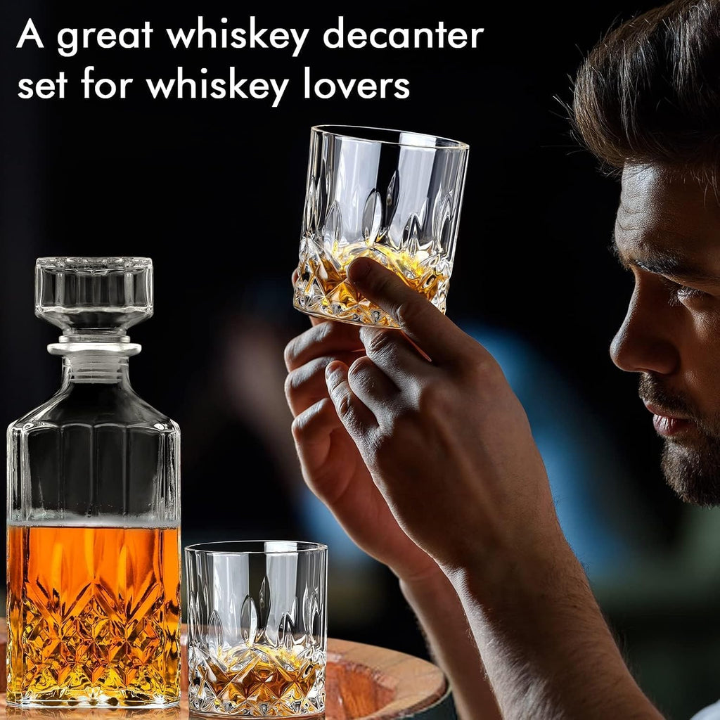 Whiskey Decanter Set for Men, Whiskey Glasses and Decanter with Cooling Stones Clear Glass Whisky Liquor Decanter Set - Set of 7