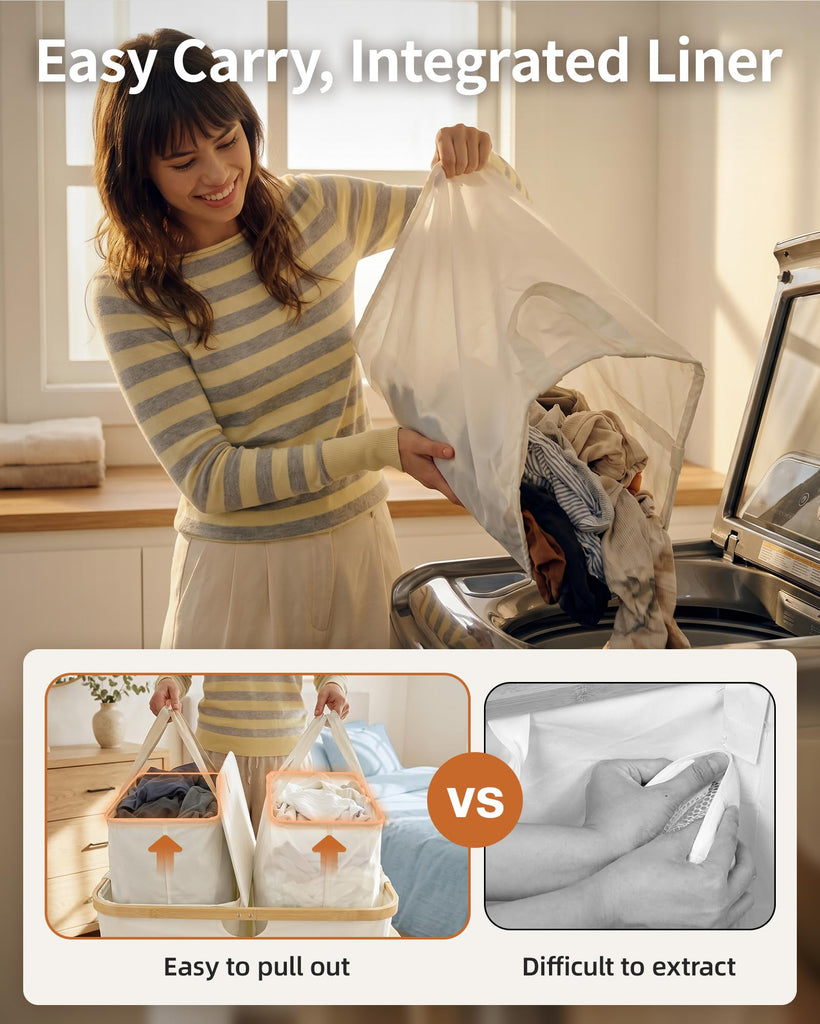 140L Laundry Hamper with Lid, 2 Section Dirty Laundry Bin
