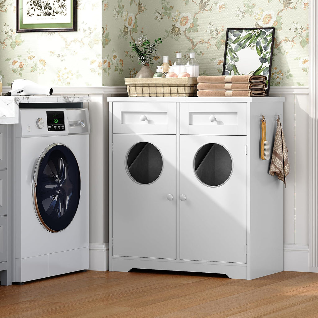 Double Laundry Hamper Cabinet, Hidden Laundry Cabinet with 2 Drawers & 2 Baskets, 20 Gallon Farmhouse Bathroom