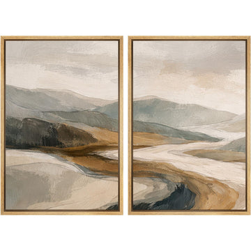 Framed Canvas Print Wall Art Abstract Mountain River Landscape Earth Tone Hills Illustrations Modern Art Decorative