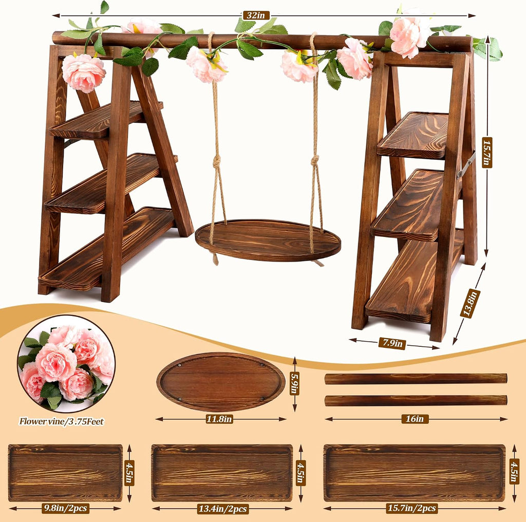 3 Tier Wooden Cupcake Stand with Swing and Flower Decoration | Large Dessert Stands with Serving Tray, Removable