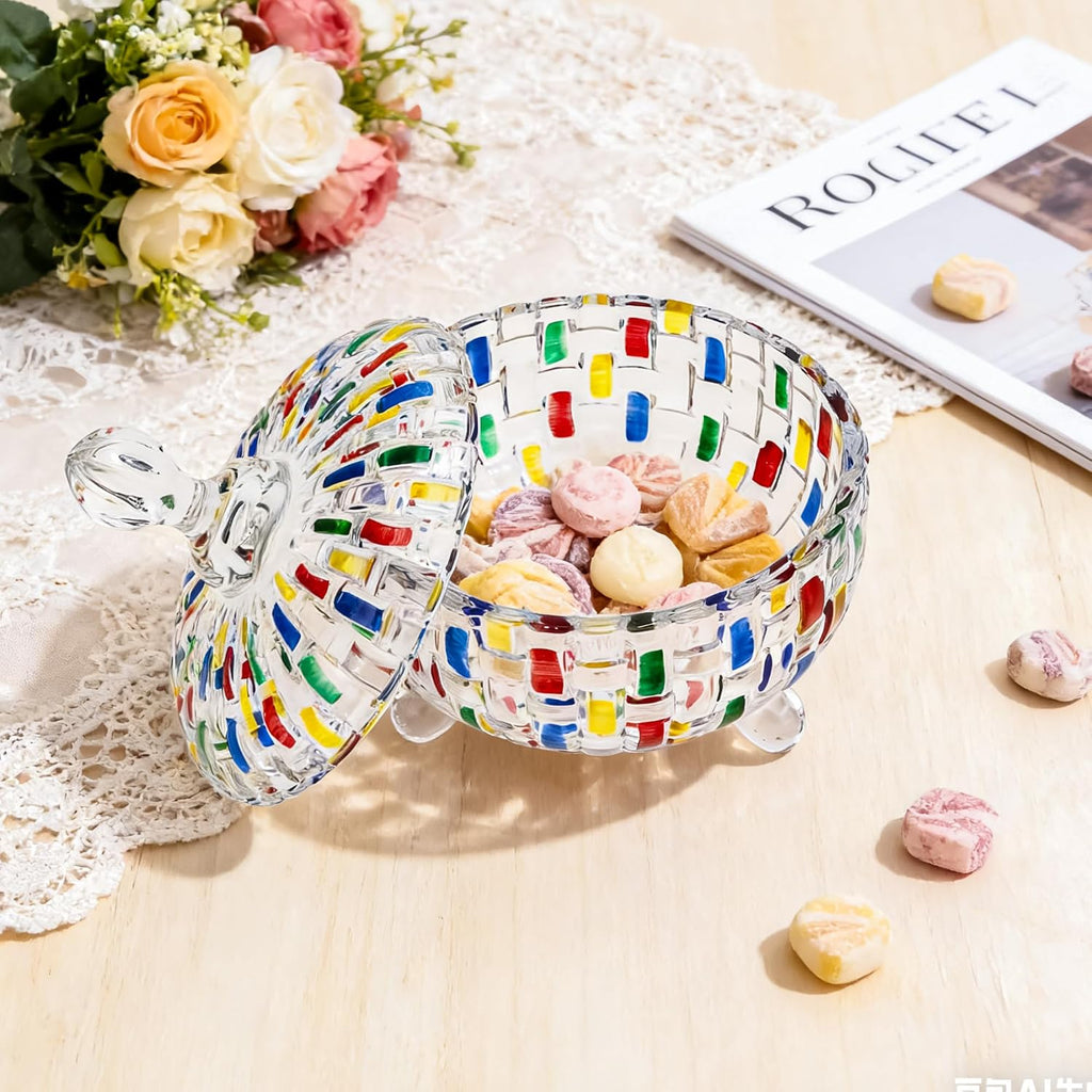24 oz Candy Dish with Lid, Decorative Candy Dishes Container,Embossed Glass Jar, Colorful Crystal Storage Bowl Desk