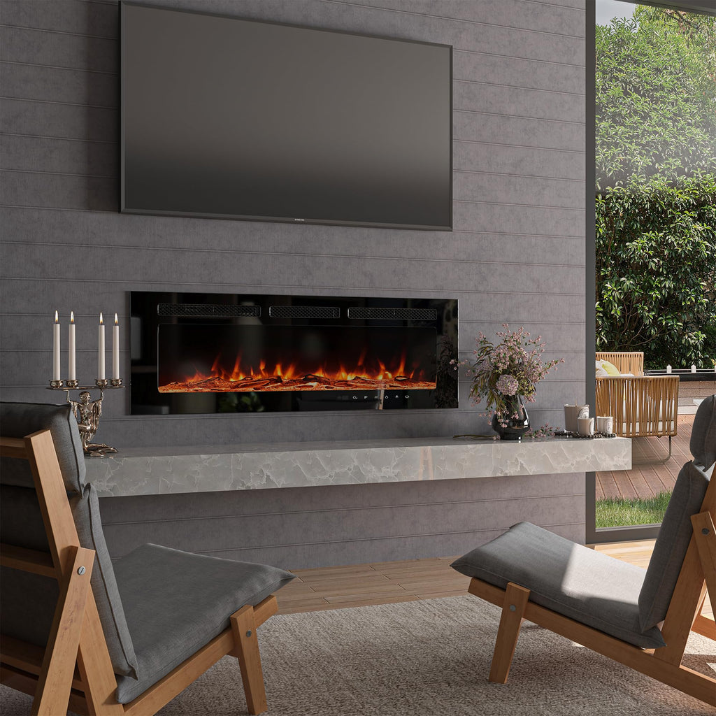 50 Inch Electric Fireplace Wall Mounted and Recessed LED Fireplace with Remote Control 8h Timer, 12 Flames, Touch