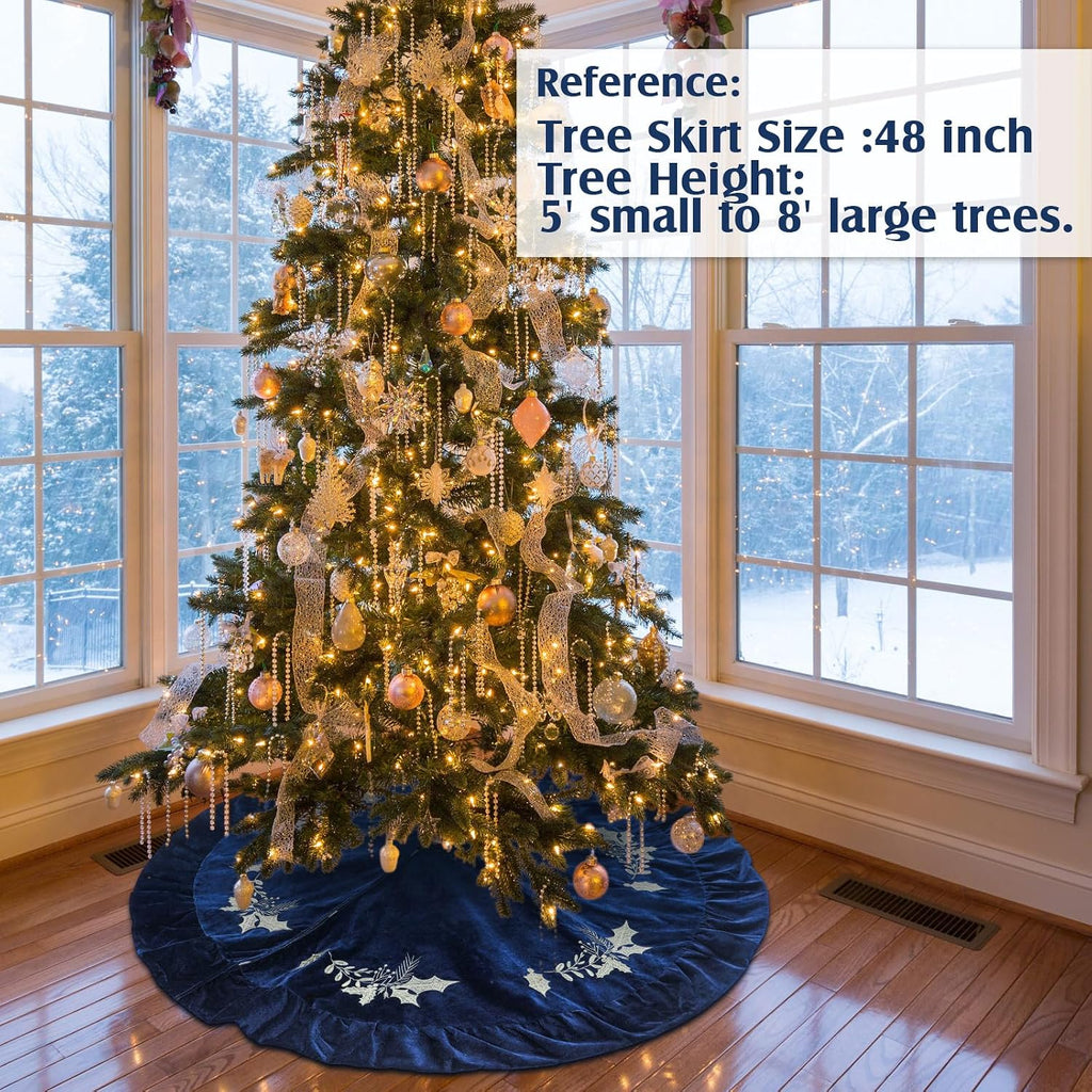 Christmas Tree Skirt, 48 Inches, Gold Embroidered Holly Style, Navy Blue