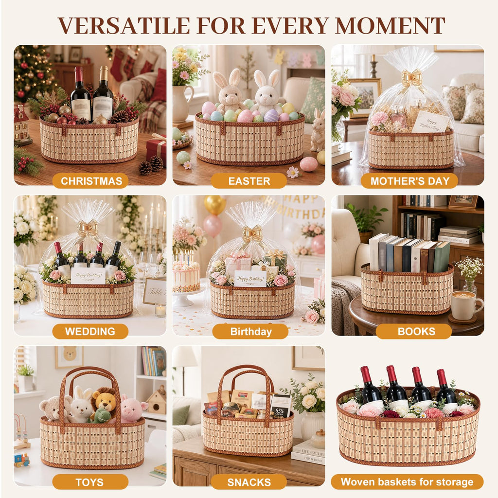 2 Set Baskets for Gifts Empty, Foldable Woven Basket for Gifts with Handles