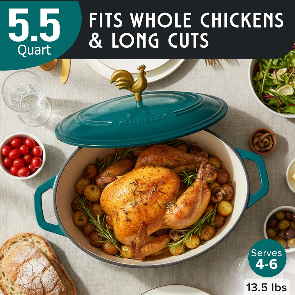 5.5 Quart Enameled Cast Iron Oval Dutch Oven with Rooster Knob and Cotton Potholders, Heavy-Duty Cookware
