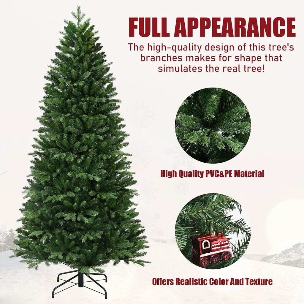 7.5ft Skinny Christmas Tree for Small Spaces, Unlit Slim Artificial Xmas Tree with Real Touch PE/PVC Needles, Easy