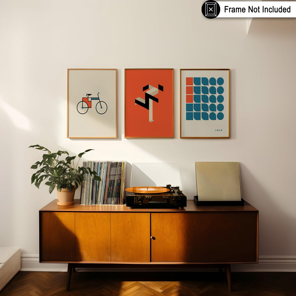 3-Piece Bauhaus Geometric Poster - Retro Minimalist Print - Gift for Artist, Friend - Random Shape, Bicycle, Running
