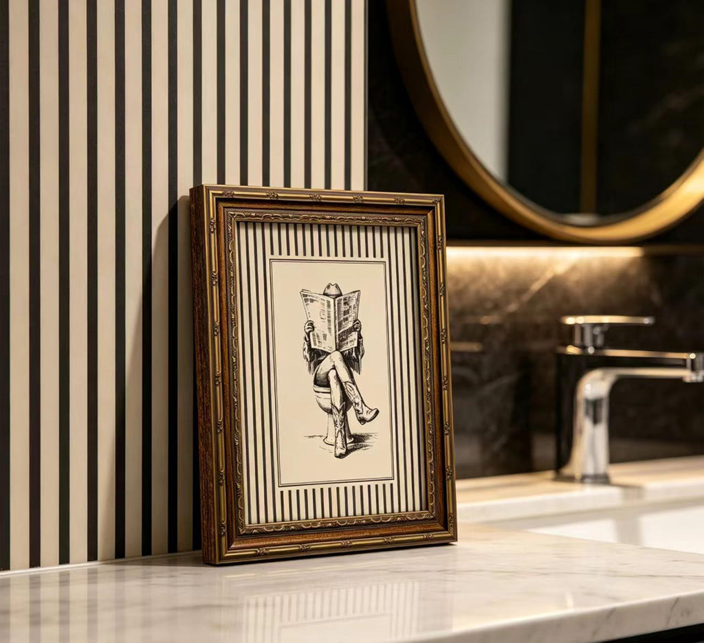 Vintage Gold Framed Cowgirl Bathroom Wall Art, Western Cowgirl Reading Newspaper on The Toilet Canvas Print, Cowboy