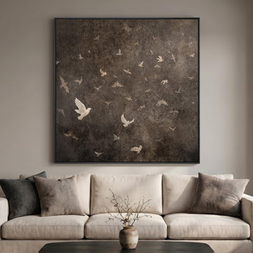 Extra Large Framed Vintage Bird Brown Wall Art, Square