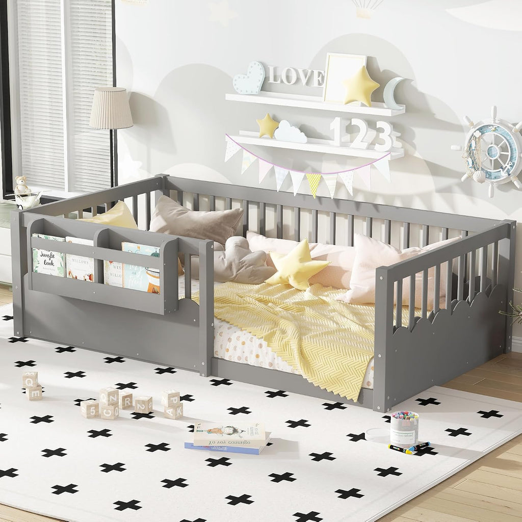 Floor Bed with Bookshelf and Safety Guardrail, Montessori Floor Bed with Fence, Easy Assemble