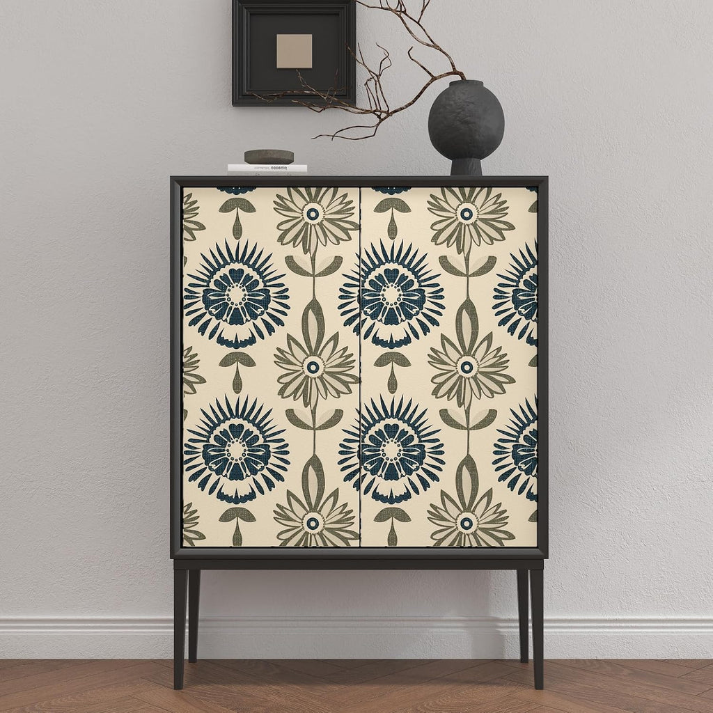 Boho Floral Peel and Stick Wallpaper Beige Blue 17.5 x 393.5In | Extra Long Symmetry Contact Paper Modern Wall Paper
