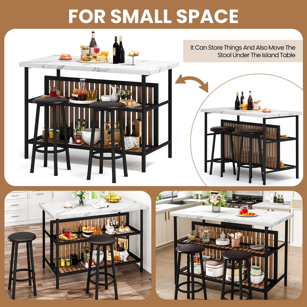 Kitchen Island with Stools & Storage, Modern Dining Table Set for 2, 3 Piece Kitchen & Dining Room Sets Island Table