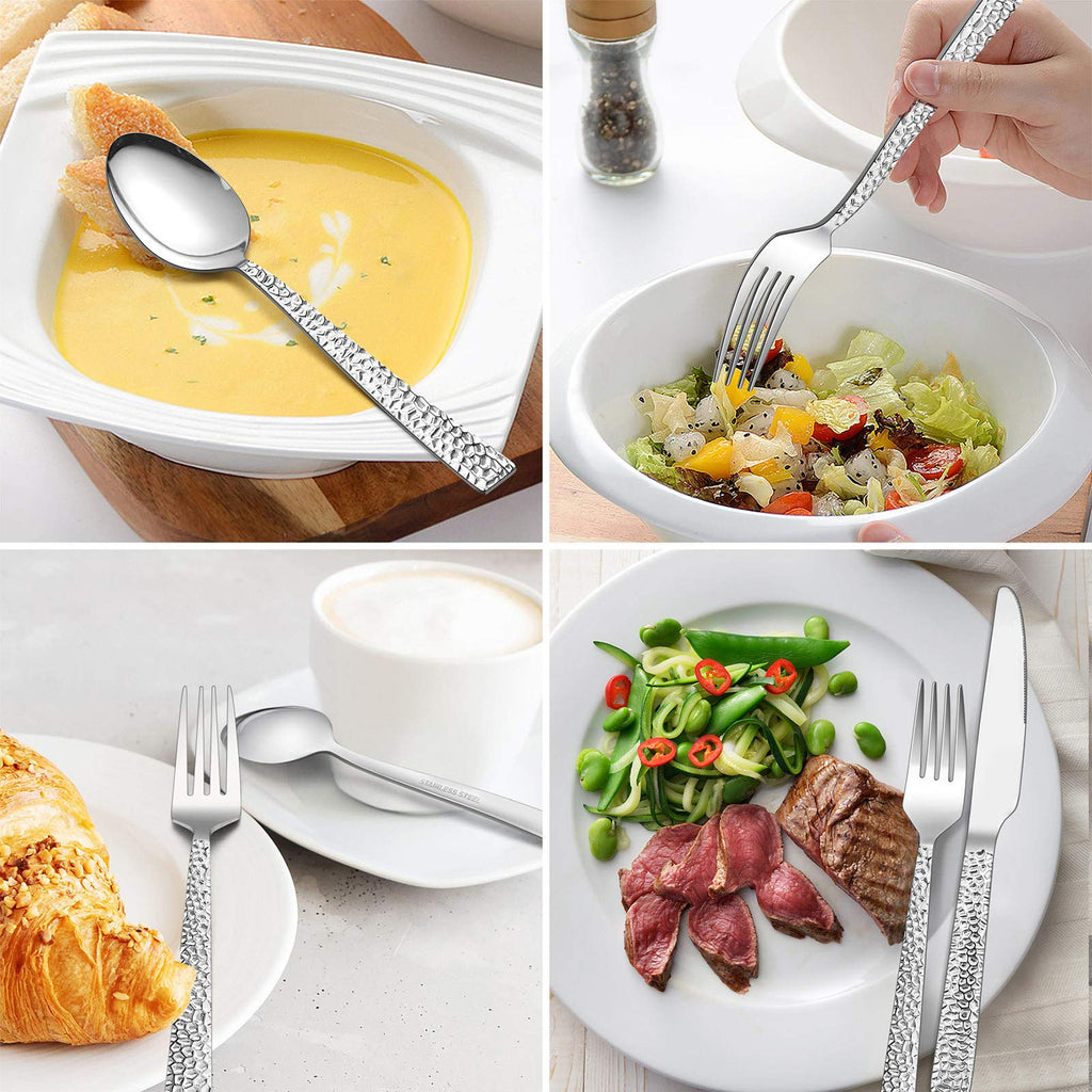 50-Piece Silverware Set for 10, Stainless Steel Flatware Set, Hammered Square Cutlery Eating Utensils Party Wedding