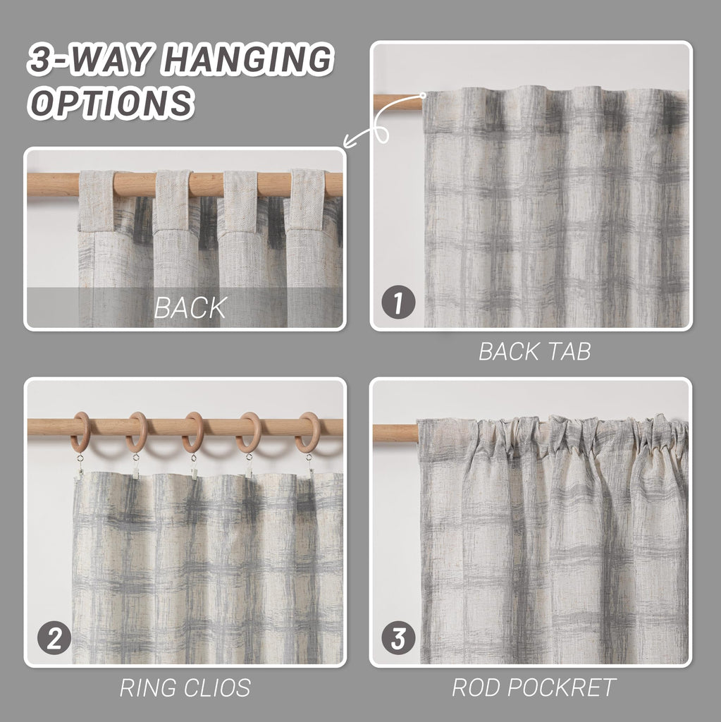 Grey Plaid Linen Curtains 63 Inches 2 Panels