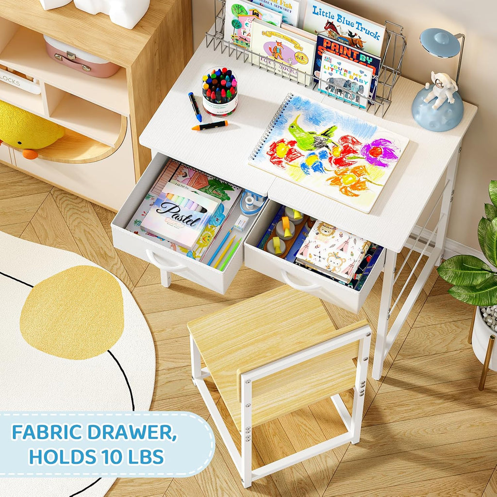 Kids Desk and Chair Set for 5-10 Year Old, Children Study Table with 2 Storage Drawers, Small Student Writing Desk