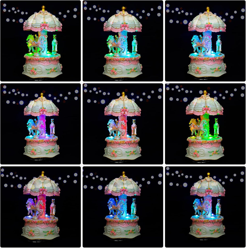 Pink Carousel Music Box for Girls: 3 Rotating Horses Colorful Led Lights
