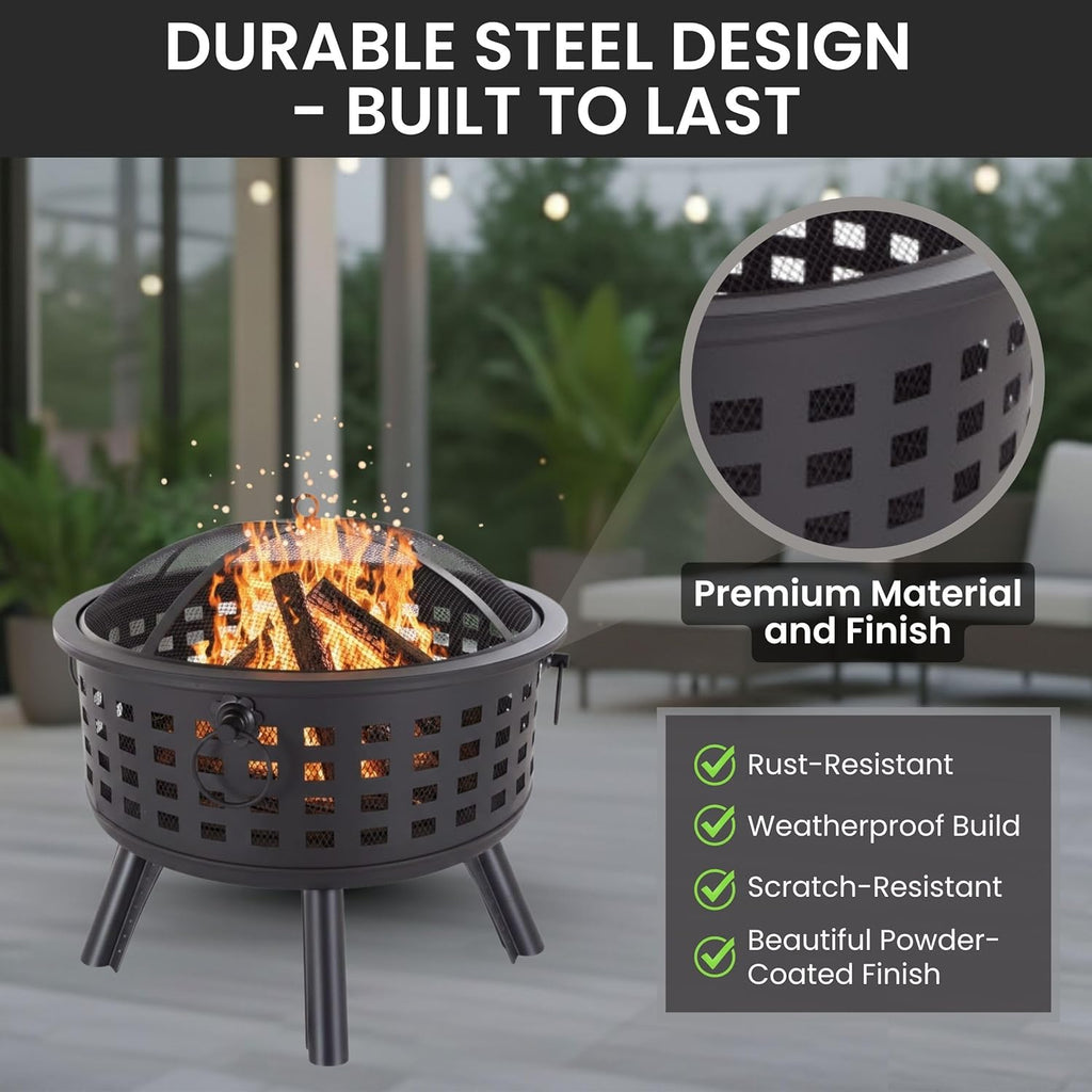 Outdoor Fire Pit - 26-Inch Round Lattice Wood Burning Firepit with Screen, Poker, Grate and Cover