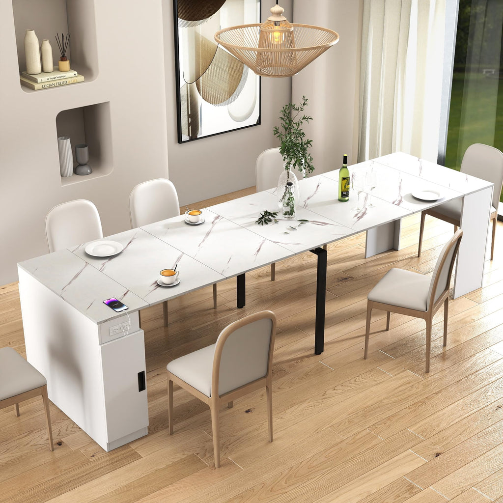 Expandable Dining Table, Folding Console Table with Built-in Outlet & Hidden Storage, Space Saving Furniture, White